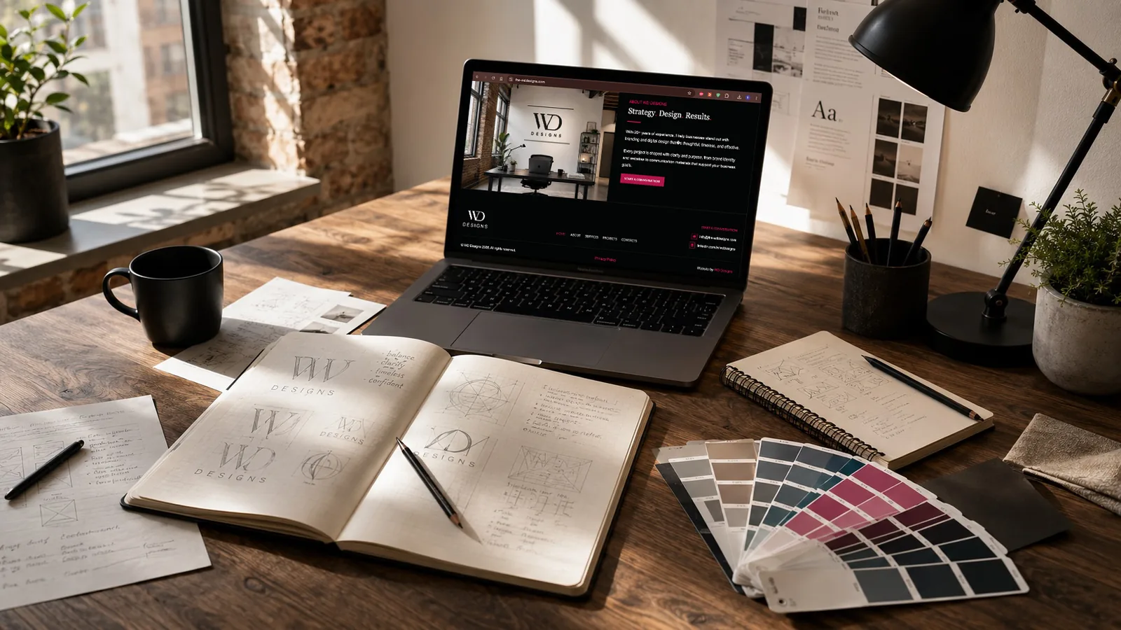 Logo sketches, colour swatches and the WD Designs website on a studio desk