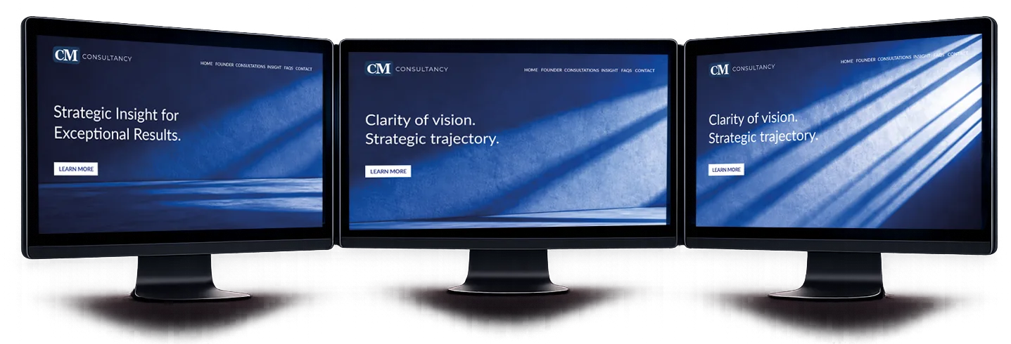 The CM Consultancy website shown across three monitors