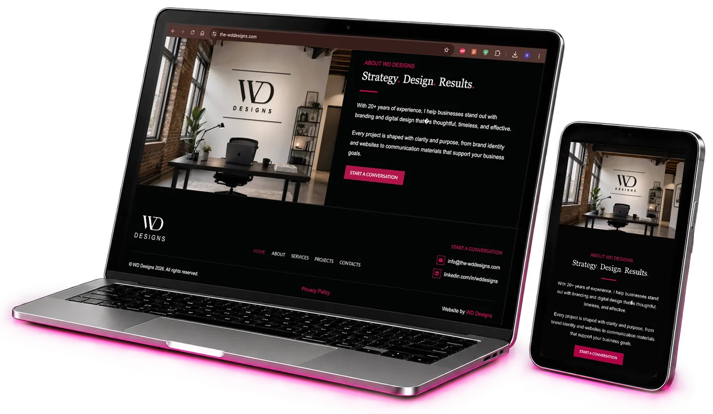 The WD Designs website shown on a laptop and a phone