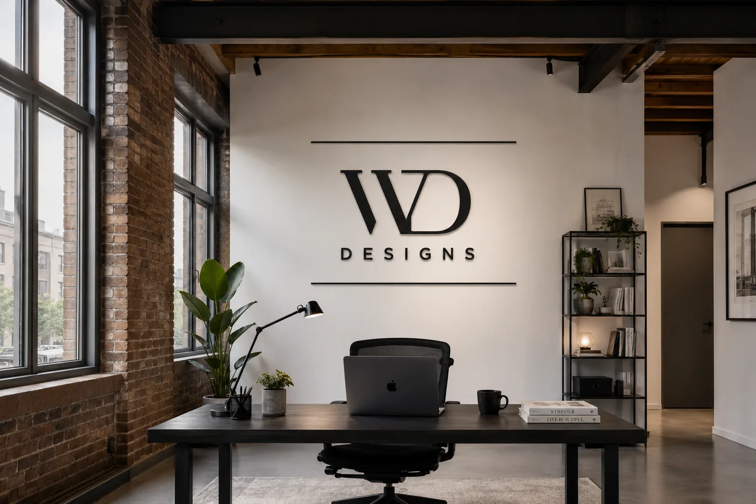 The WD Designs studio with the logo on the wall