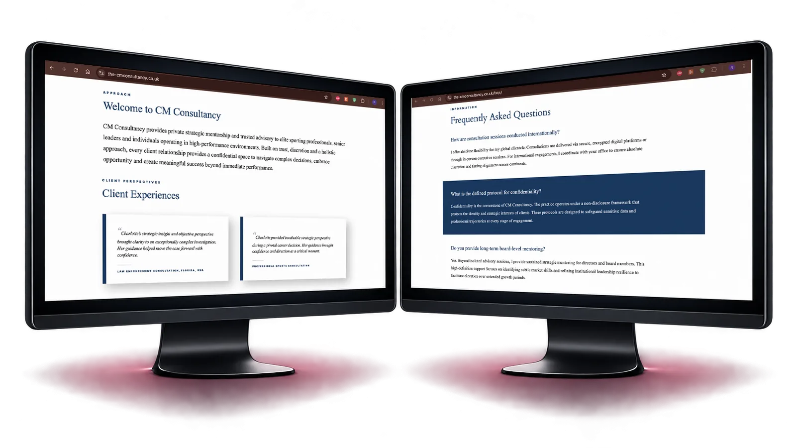 The CM Consultancy website welcome page and FAQ page on two monitors