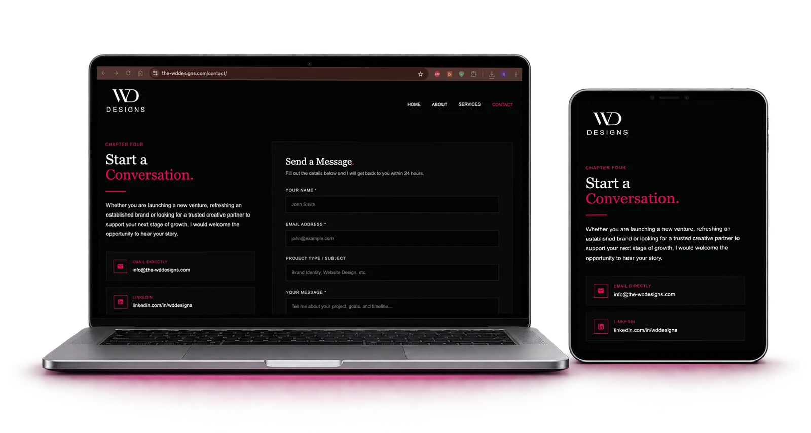 The WD Designs contact page on a laptop and tablet