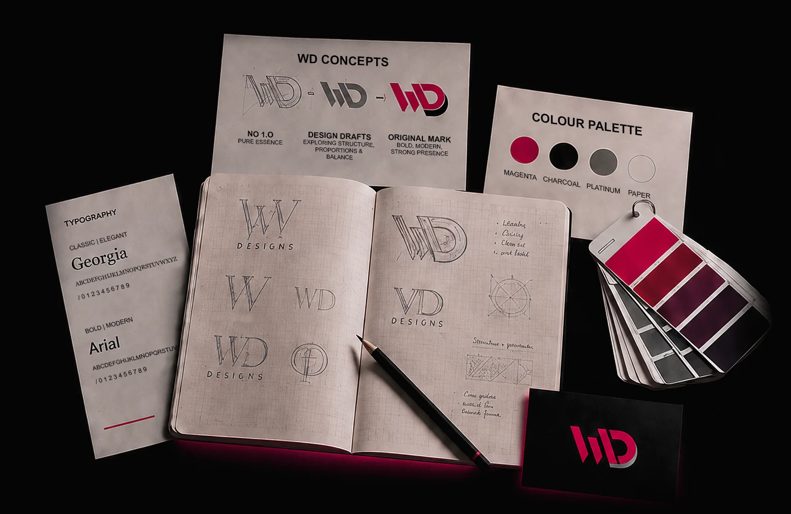 Early WD Designs logo sketches, concept card, colour palette and typography card