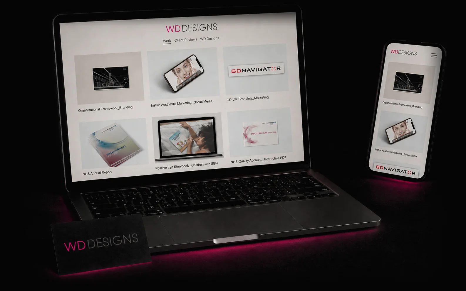 The original WD Designs website on a laptop and phone, with the original business card