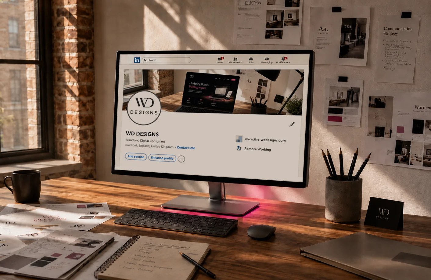The WD Designs LinkedIn profile on a studio monitor with the new logo